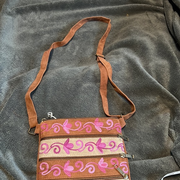 Boho Tan and Brown suede crossbody purse with magenta stitching that pops - Picture 7 of 8